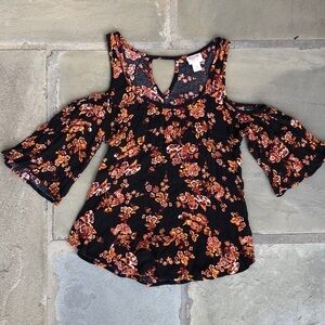Black and Gold Flower Cold Shoulder Blouse Size XS